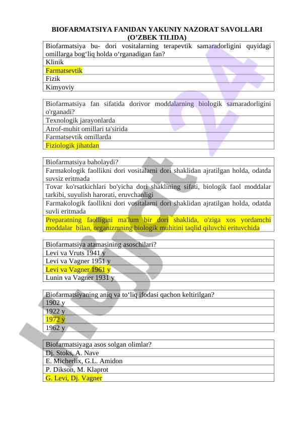 Biofarmatsiya fanidan yakuniy nazorat savollari