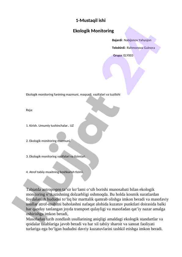 Ekologik monitoringning mazzmuni va tuzilishi