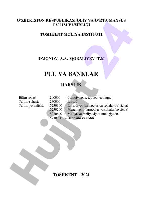 Pul va banklar darsligi o‘zbekiston ta'lim standartlariga