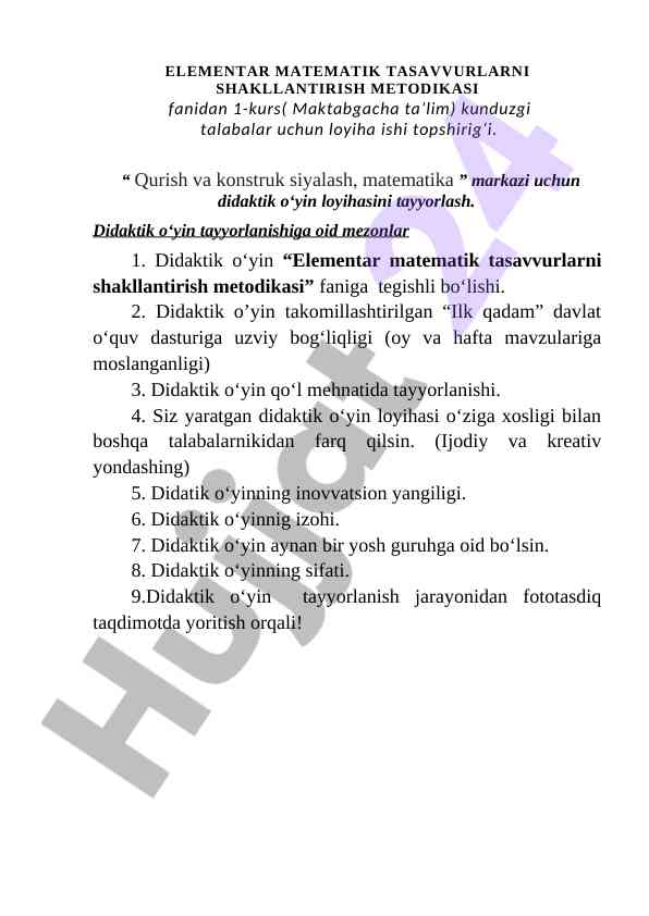 Elementar matematik tayyorlash loyihasi
