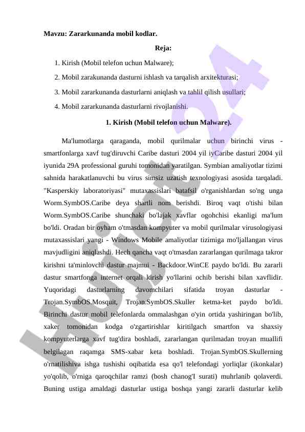 Mobil kodlar va zararkunanda dasturlar tahlili