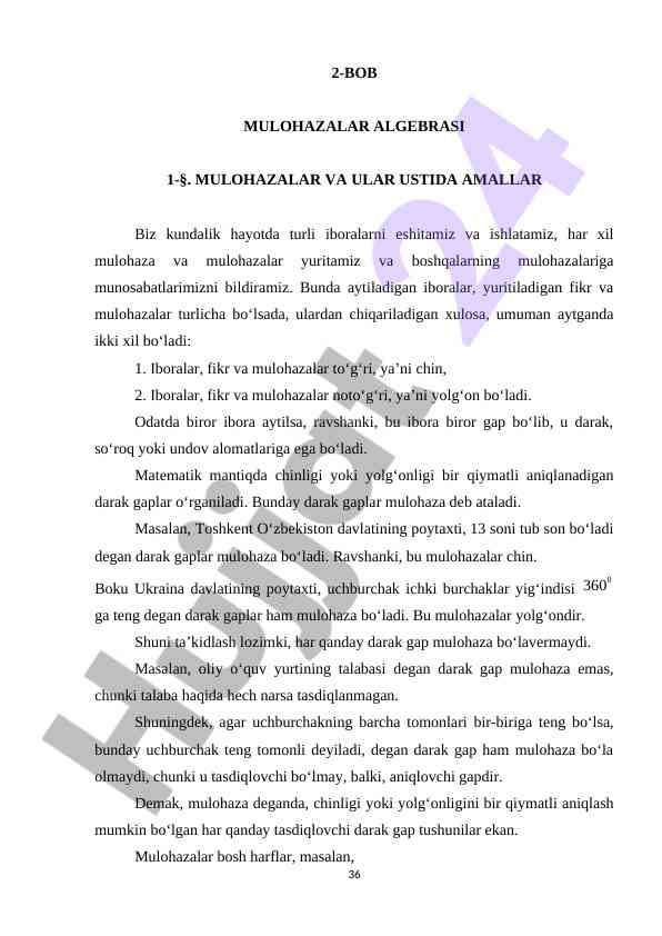 Mulohazalar algebra: tug‘ri va yolg‘on fikrlar