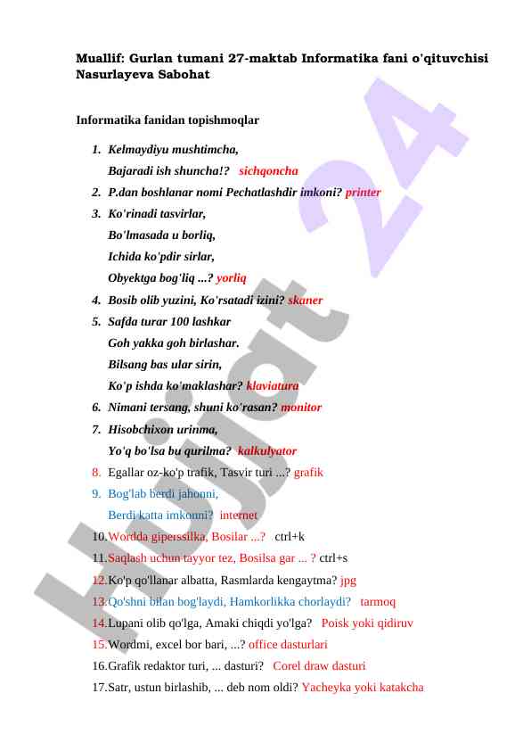 Informatika fani bo'yicha topishmoqlar