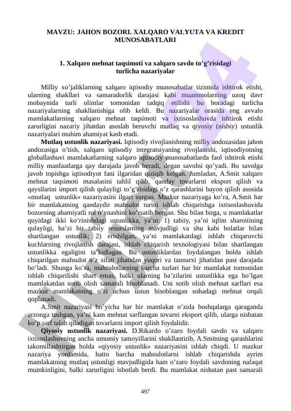 Xalqaro valyuta va kredit munosabatlari tahlili