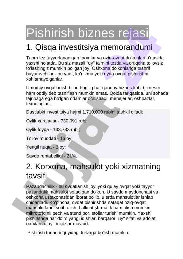 Pishirish biznes rejasi va investitsiya memorandumi