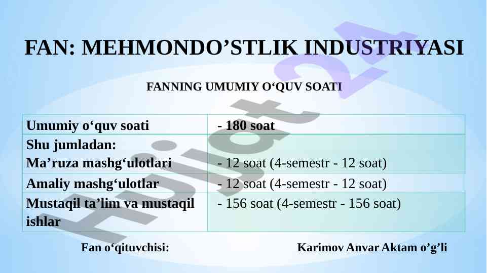 Mehmondo‘stlik industriyasi o‘quv qo‘llanma
