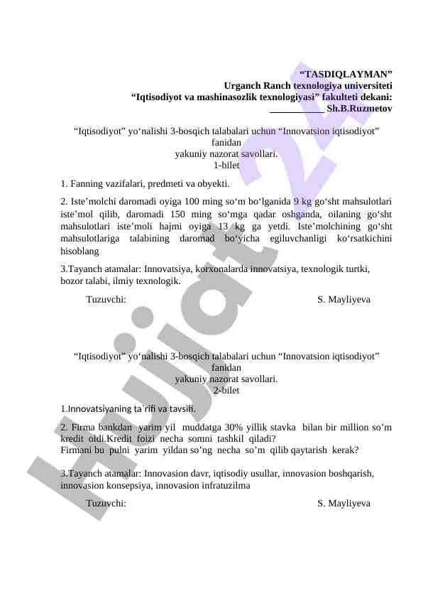 Innovatsion iqtisodiyot fanidan yakuniy nazorat savollari