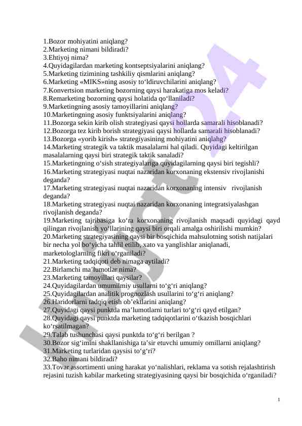 Marketing asoslari va strategiyalarining tahlili