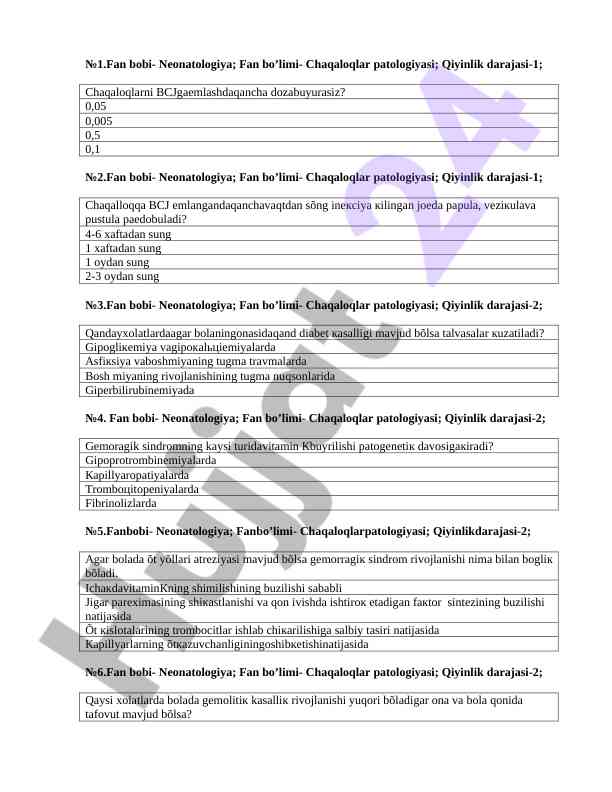 Neonatologiya va chaqaloqlar patologiyasi kurs ishlari