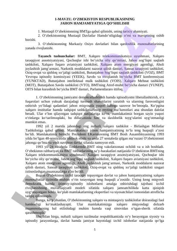 O‘zbekiston respublikasining jahon hamjamiyatiga qo‘shilishi