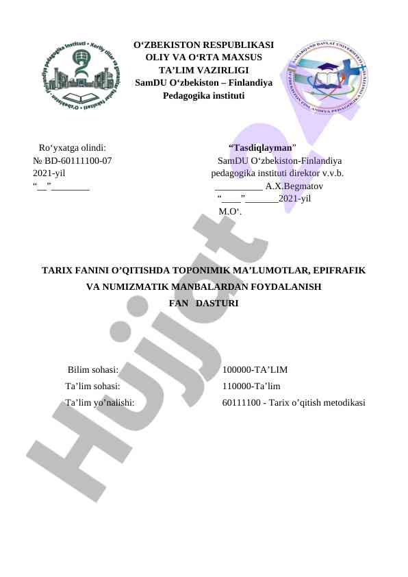 Tarix fanini o‘qitish dasturi va metodikasi