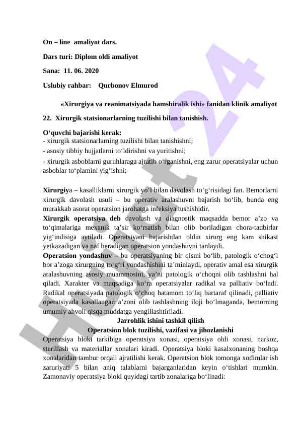 Xirurgiya va reanimatsiyada hamshiralik ishi