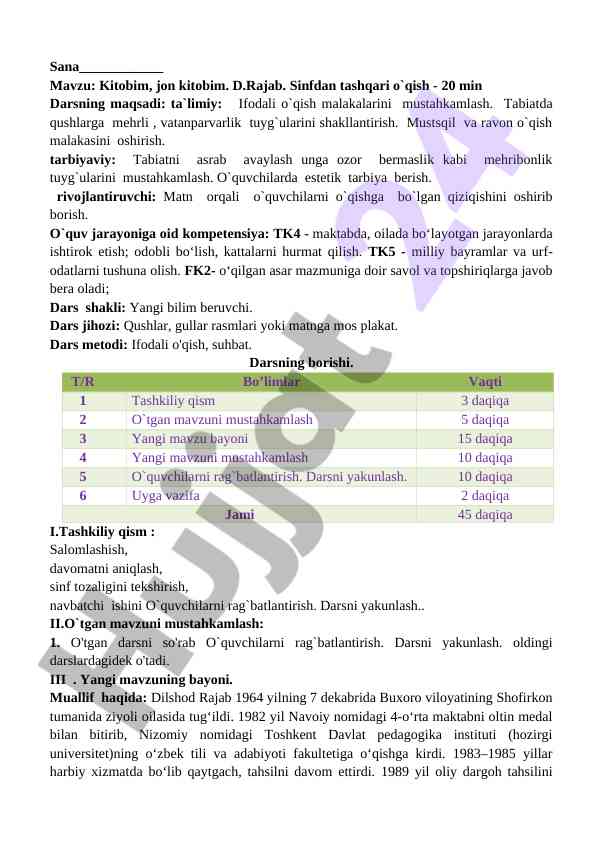 Kitobim jon kitobim dars rejasi