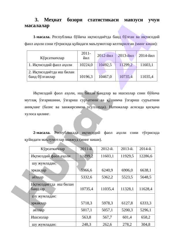 Mehnat bozori statistikasi masalalari