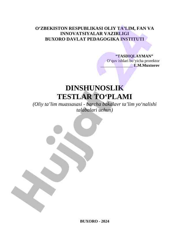 Dinshunoslik testlar to'plami 2024 yil uchin