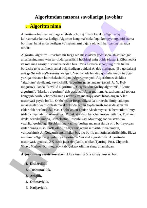 Algoritm va nazorat savollari bilan tanishing