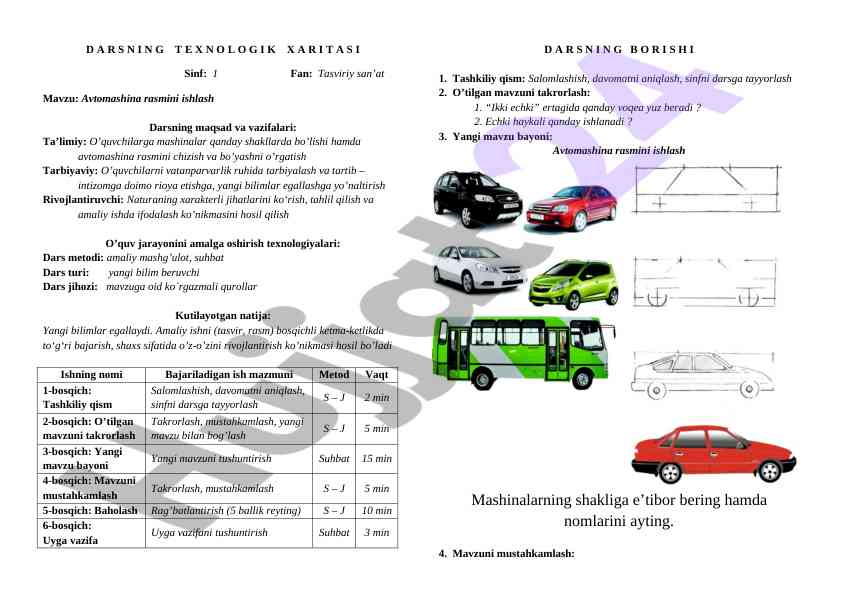 Avtomashina rasmini ishlash darsining texnologik xarita