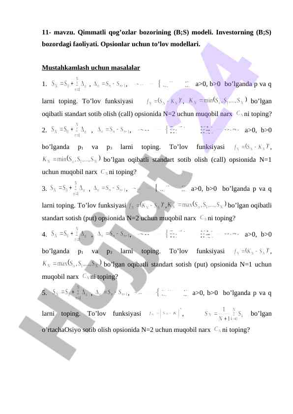 Qimmatli qog’ozlar bozori modeli va opsionlar