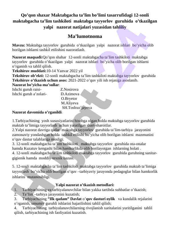 Yalpi nazorat natijalari tahlili maktabga tayyorlov guruhida