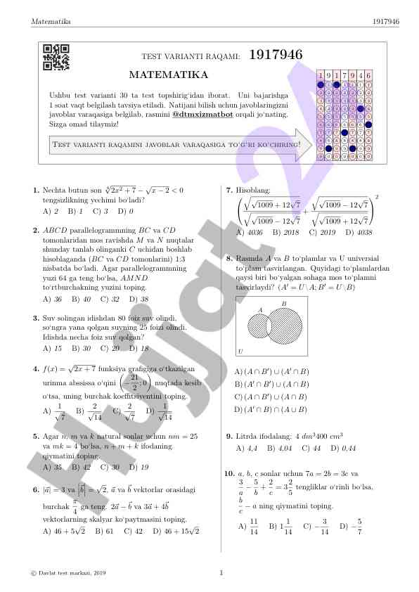 Matematika test varianti raqami 1917946