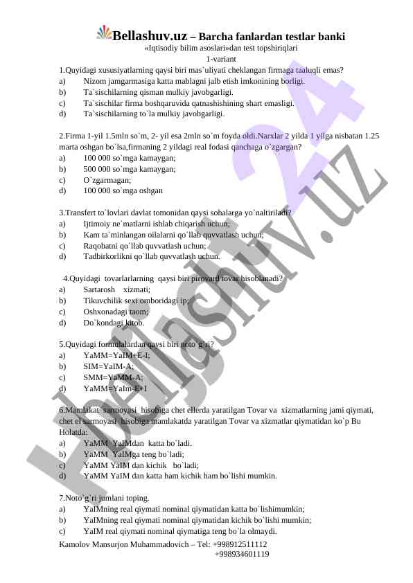Iqtisodiy bilim asoslari test topshiriqlari 1-variant