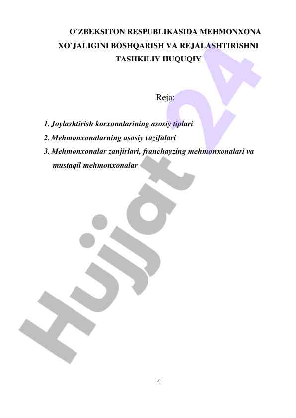 Mehmonxona biznesining zamonaviy taraqqiyoti