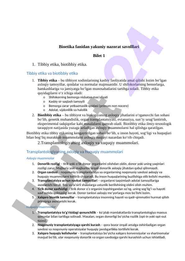 Bioetika fanidan yakuniy nazorat savollari