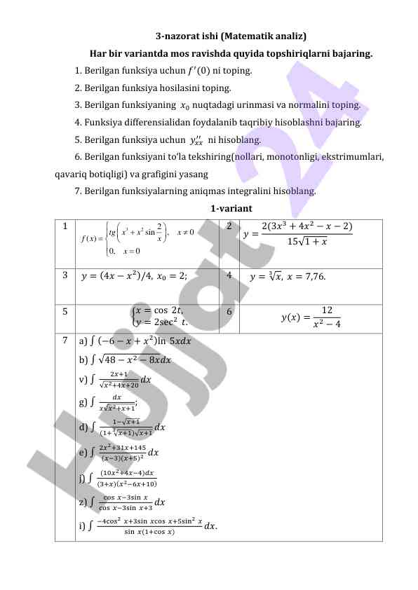 Matematik analiz 3-nazorat ishiga oid topshiriqlar