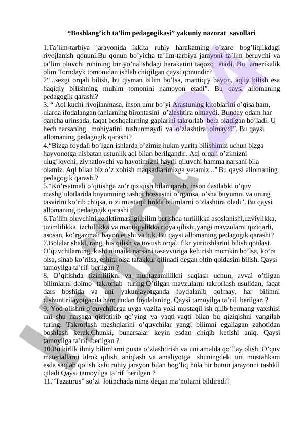 Boshlang'ich ta'lim pedagogikasi savollari