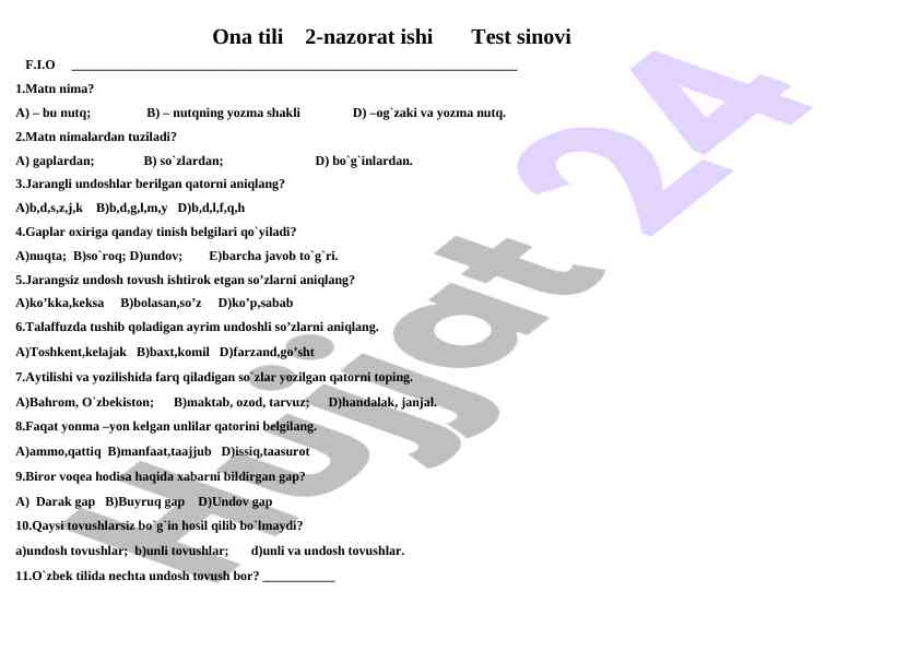 Ona tili 2-nazorat ishi test sinovi