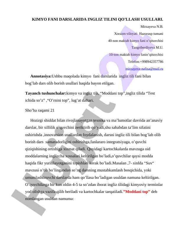 Kimyo faniga ingliz tilini qo’llash usullari