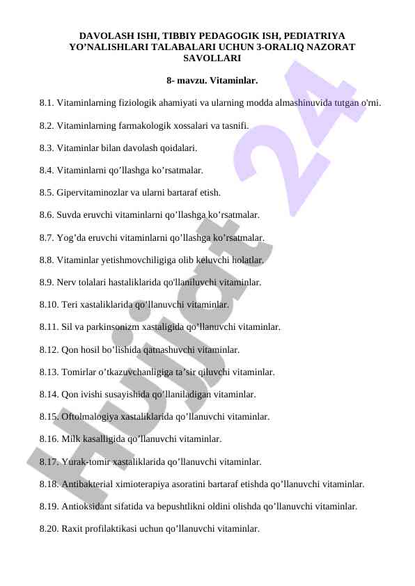 Vitaminlar fiziologiyasi va farmakologik xossalari