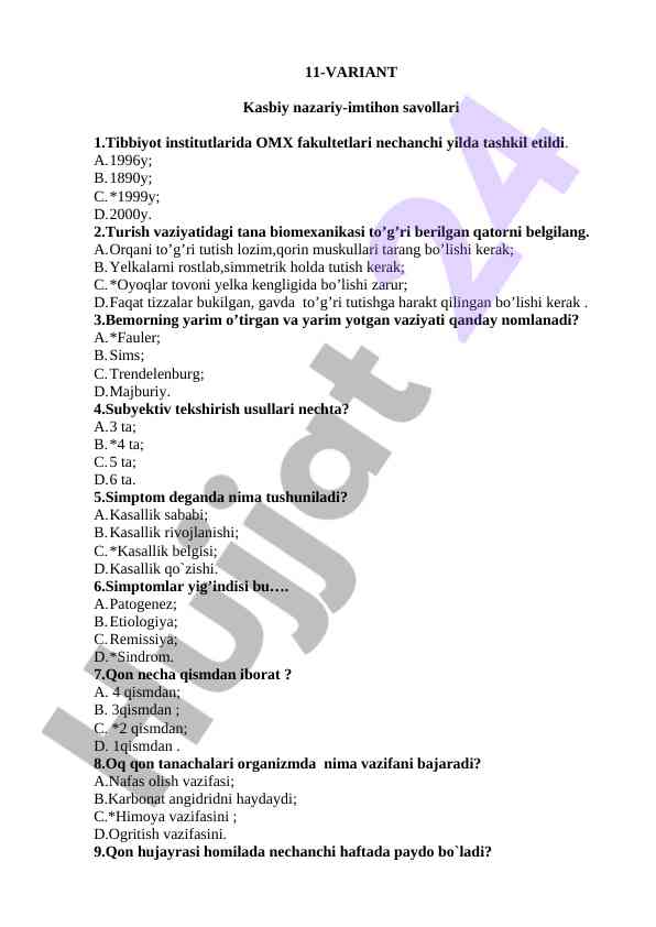 Kasbiy nazariy-imtihon savollari 11-variant