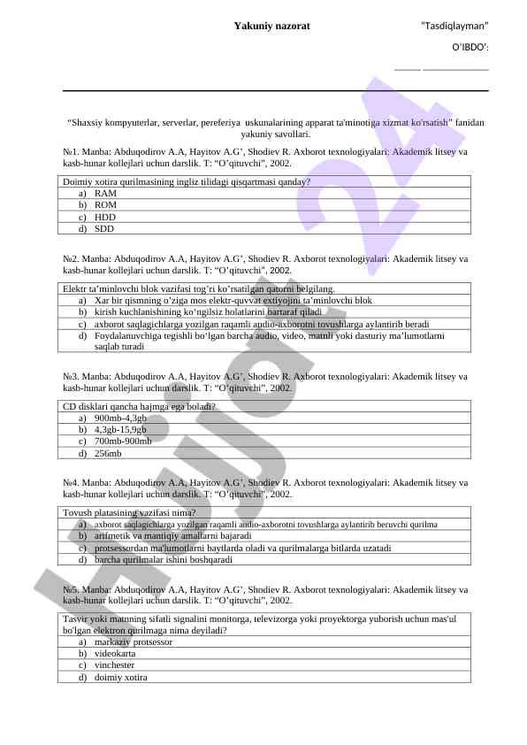 Axborot texnologiyalari bo'yicha yakuniy savollar