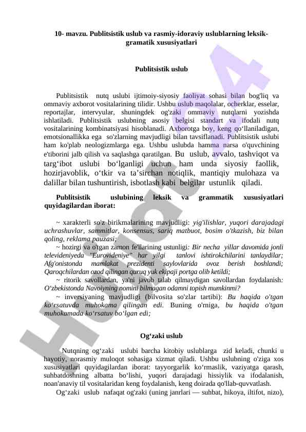 Publitsistik uslub va rasmiy-idoraviy uslublarning xususiyatlari