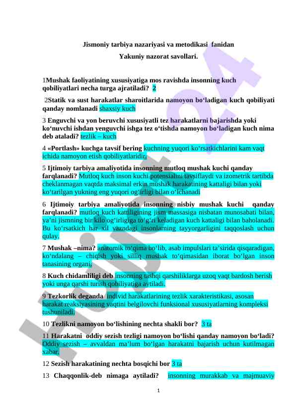 Jismoniy tarbiya nazariyasi va metodikasi savollari