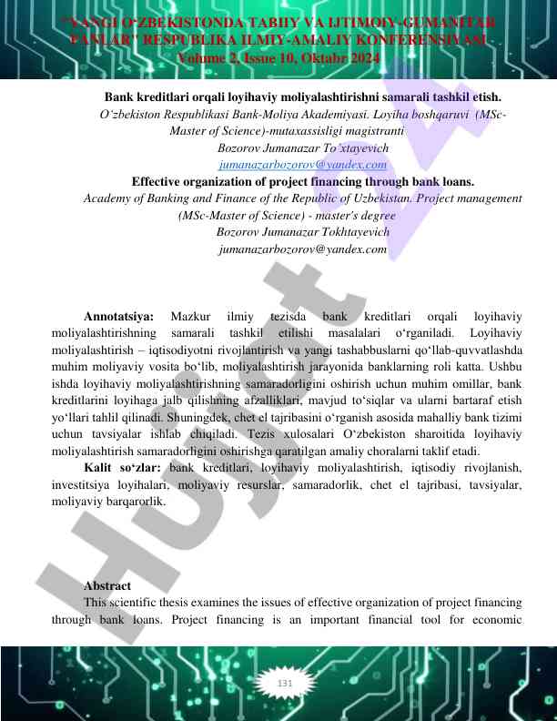 Effektiv tashkil etish bank kreditlari bilan moliyalashtirish