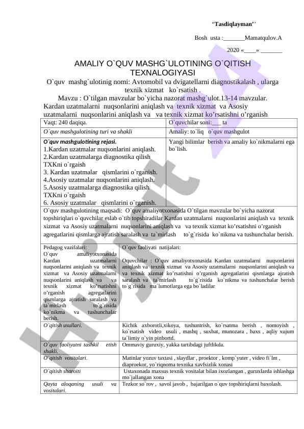 Avtomobil va dvigatellarni diagnostikalash mashg‘uloti