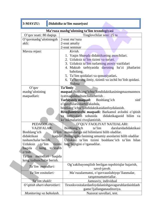 Didaktika ta’lim nazariyasi ma’ruza mashg’uloti