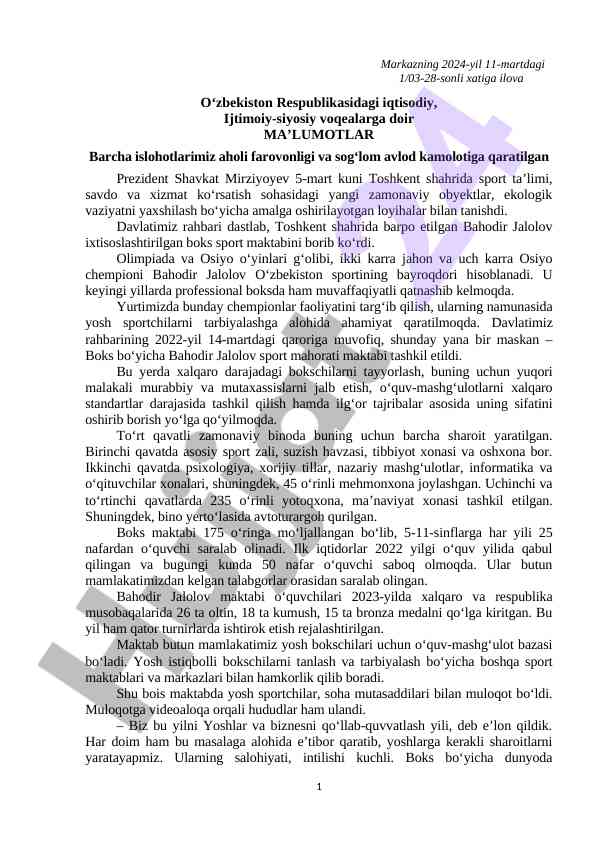 O‘zbekiston iqtisodiy va ijtimoiy voqealari tahlili
