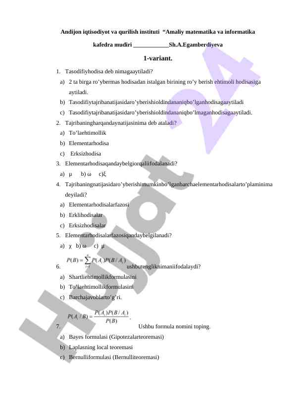 Tasodifiy hodisalar va ehtimollik formulalari