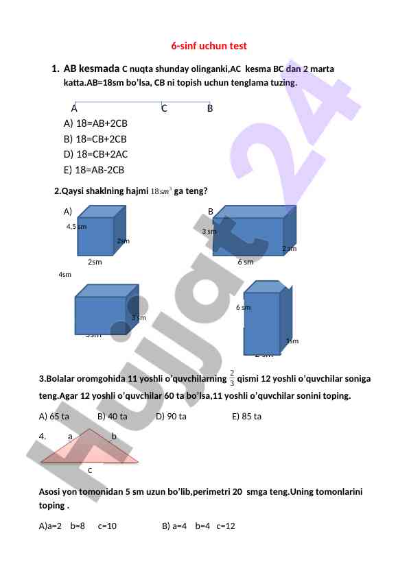 6-sinf uchun mantiqiy va matematik test