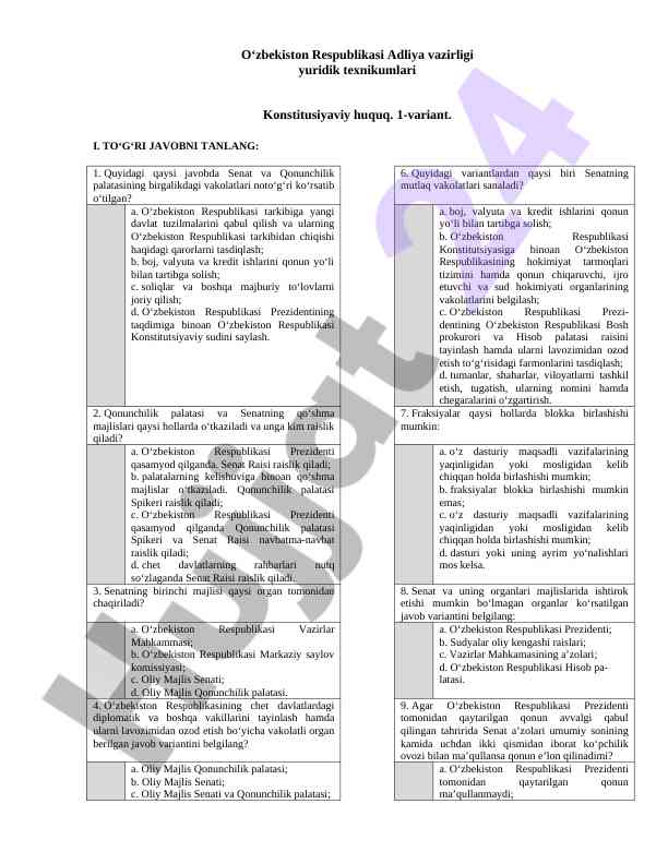 Konstitusiyaviy huquq testlari i varianti