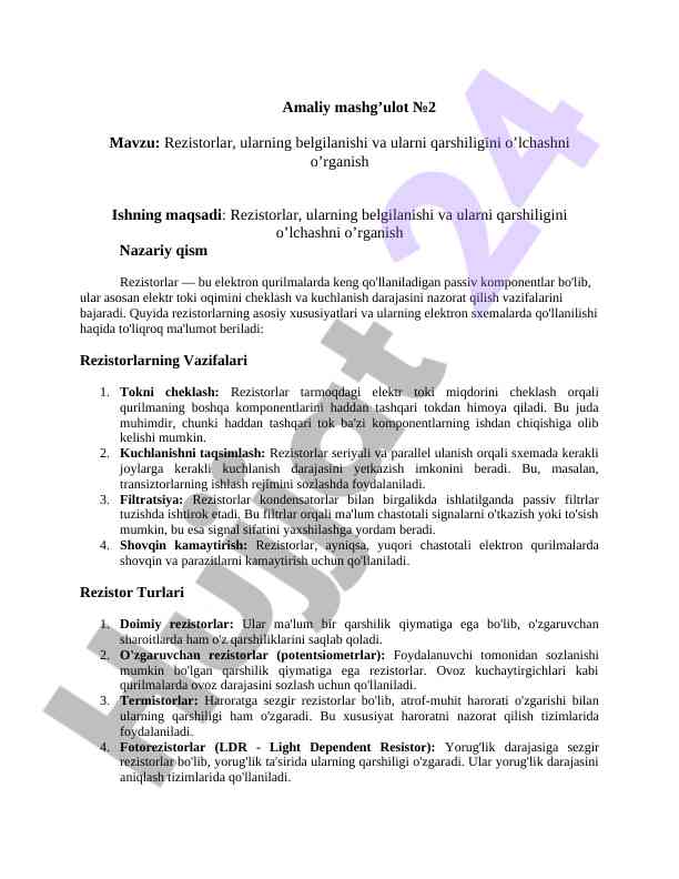 Rezistorlar va ularning qarshiligini o'lchash