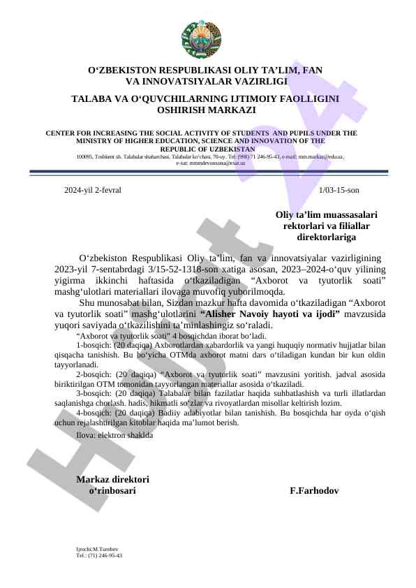 Axborot va tyutorlik soati mashg‘ulotlari mavzusi