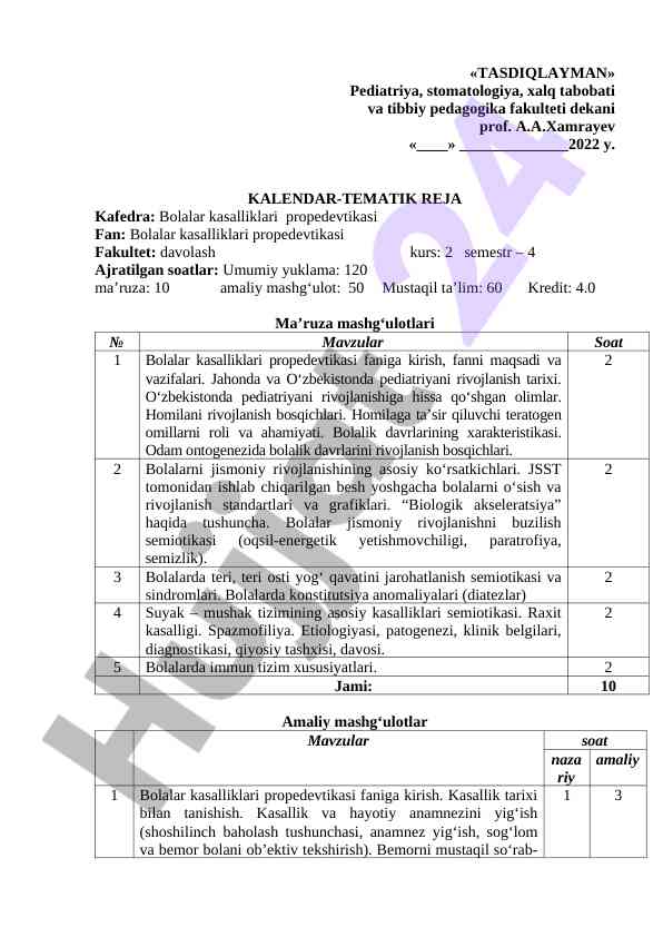 Bolalar kasalliklari propedevtikasi kalendar-reja