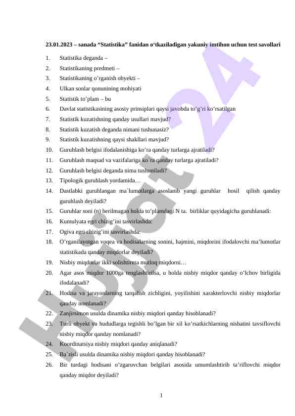 Statistika fanidan yakuniy imtihon test savollari