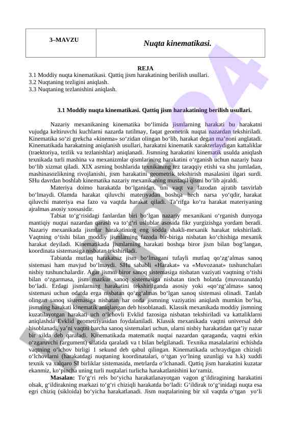 Nuqta kinematikasi asoslari va tezlik aniqlash