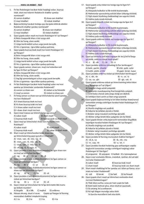 Mayl va nisbat test haqida savollar