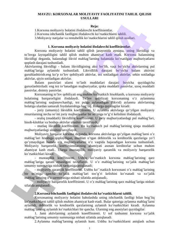 Korxonalar moliyaviy faoliyatini tahlil qilish usullari